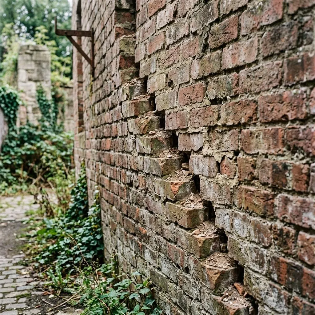 Illustrative image of a cracked brick wall with a stepped crack through the mortar