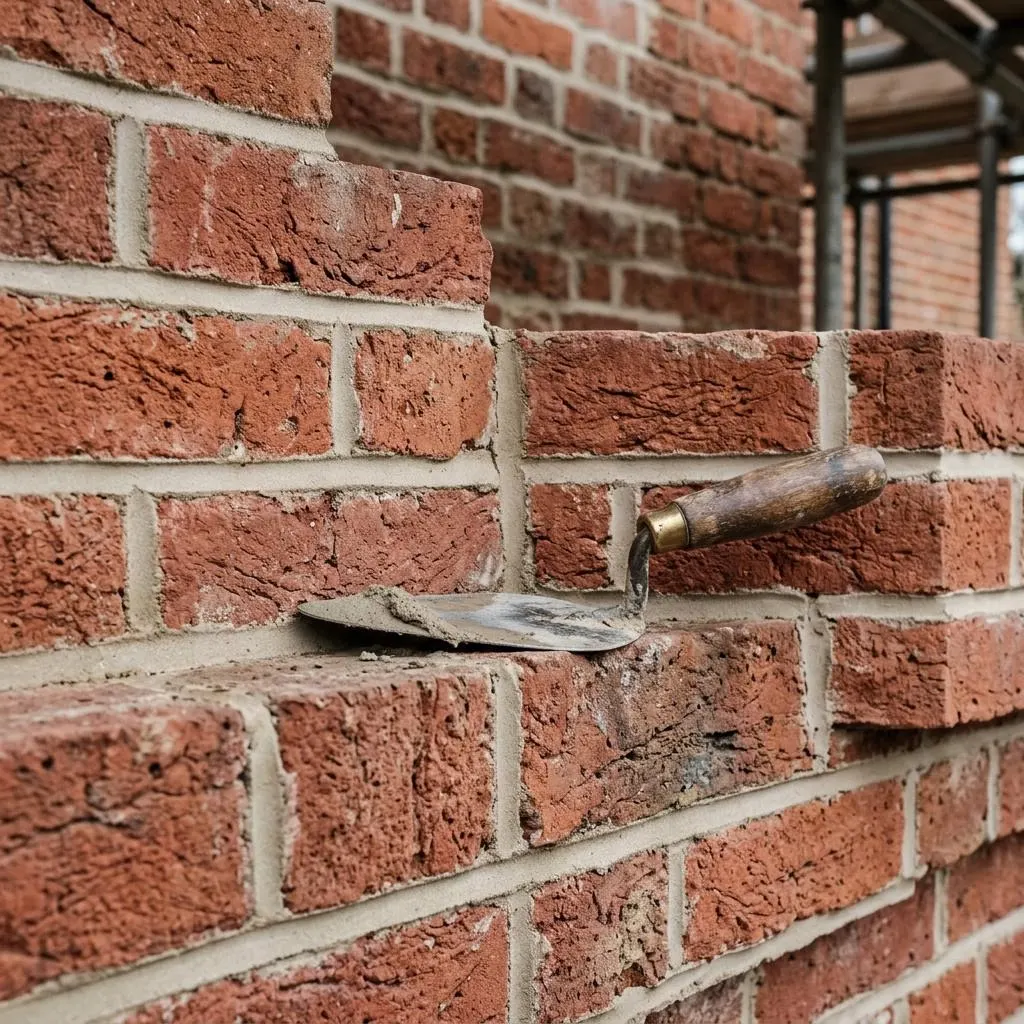 Illustrative close-up of a bricklayer repointing mortar joints with a pointing trowel